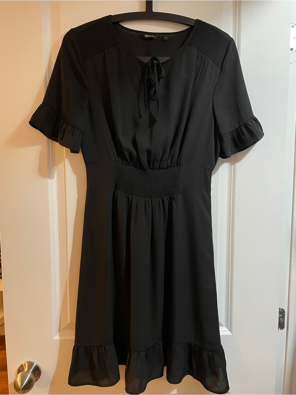 Dynamite Black Ruffle-Sleeve Tie-Front Smocked Waist Dress